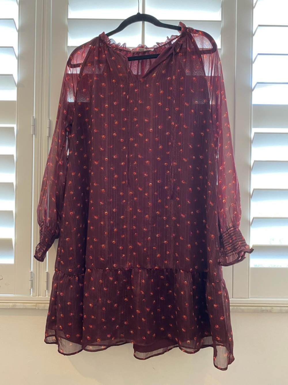 LOFT Burgundy Sheer Long-Sleeve Floral Tie-Neck Dress